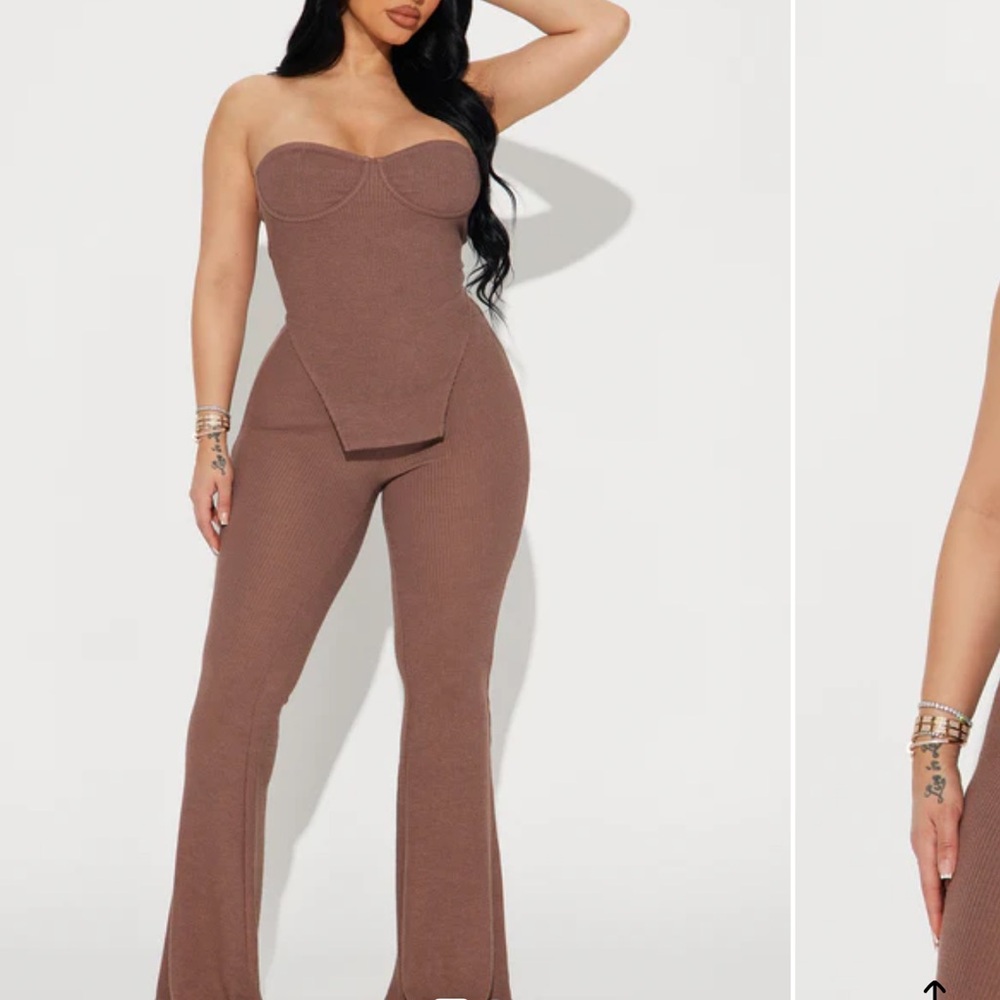 Brown Strapless Ribbed pant set